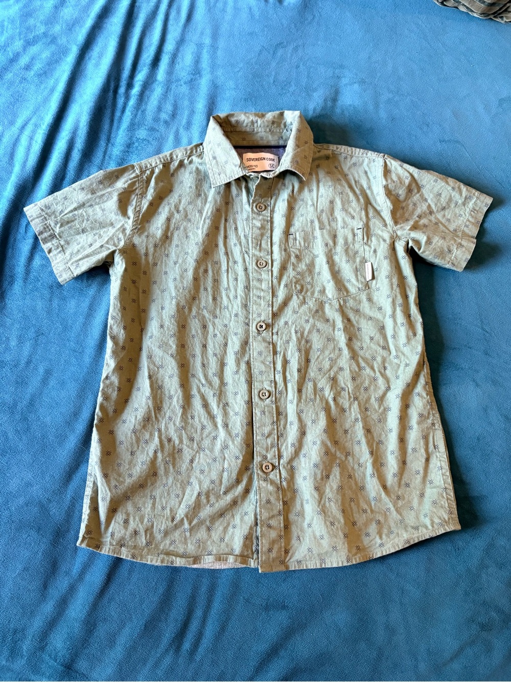 Boys Short-Sleeve Button-Up Shirt in Light Tan with Micro Print